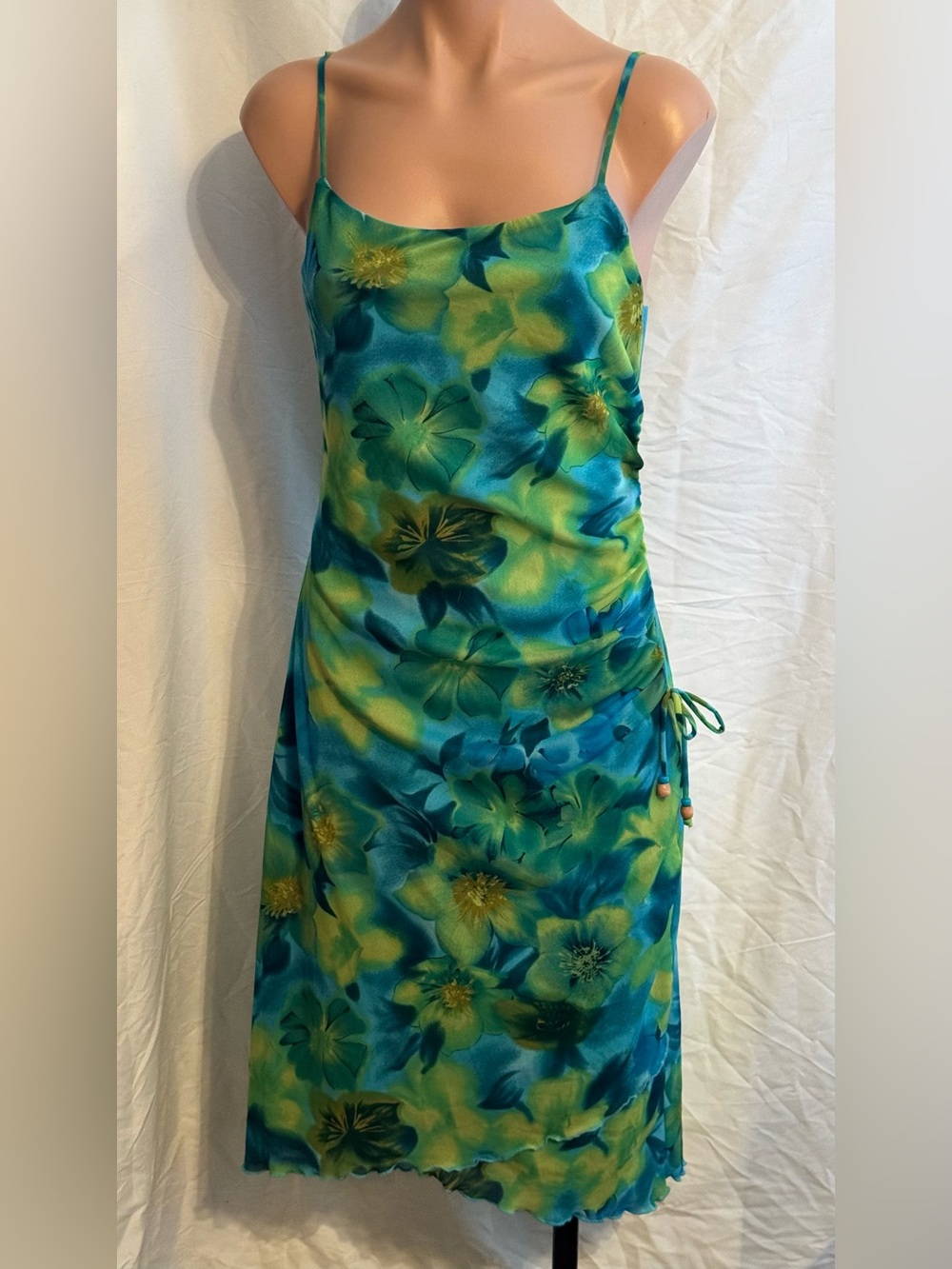 Tropical Ruched Spaghetti Strap Blue-Green Floral Slip Dress L